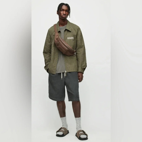 ALL SAINTS Sz S Breaker Olive Green Linen Blend Streetwear Oversized Jacket - Picture 4 of 16